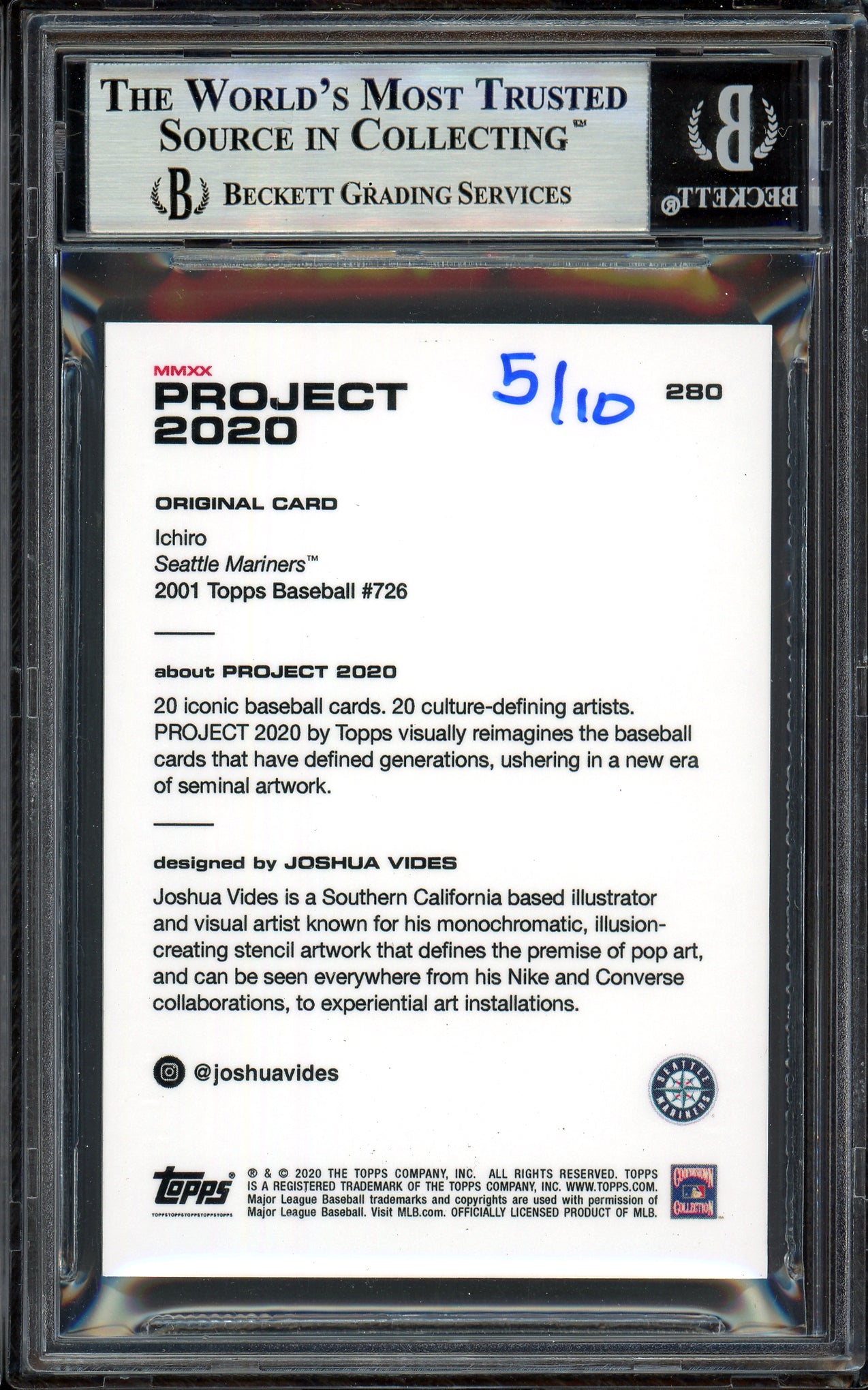 Ichiro Suzuki Autographed Topps Project 2020 Joshua Vides Card #280 Seattle Mariners Silver #/10 Beckett BAS Stock #201136