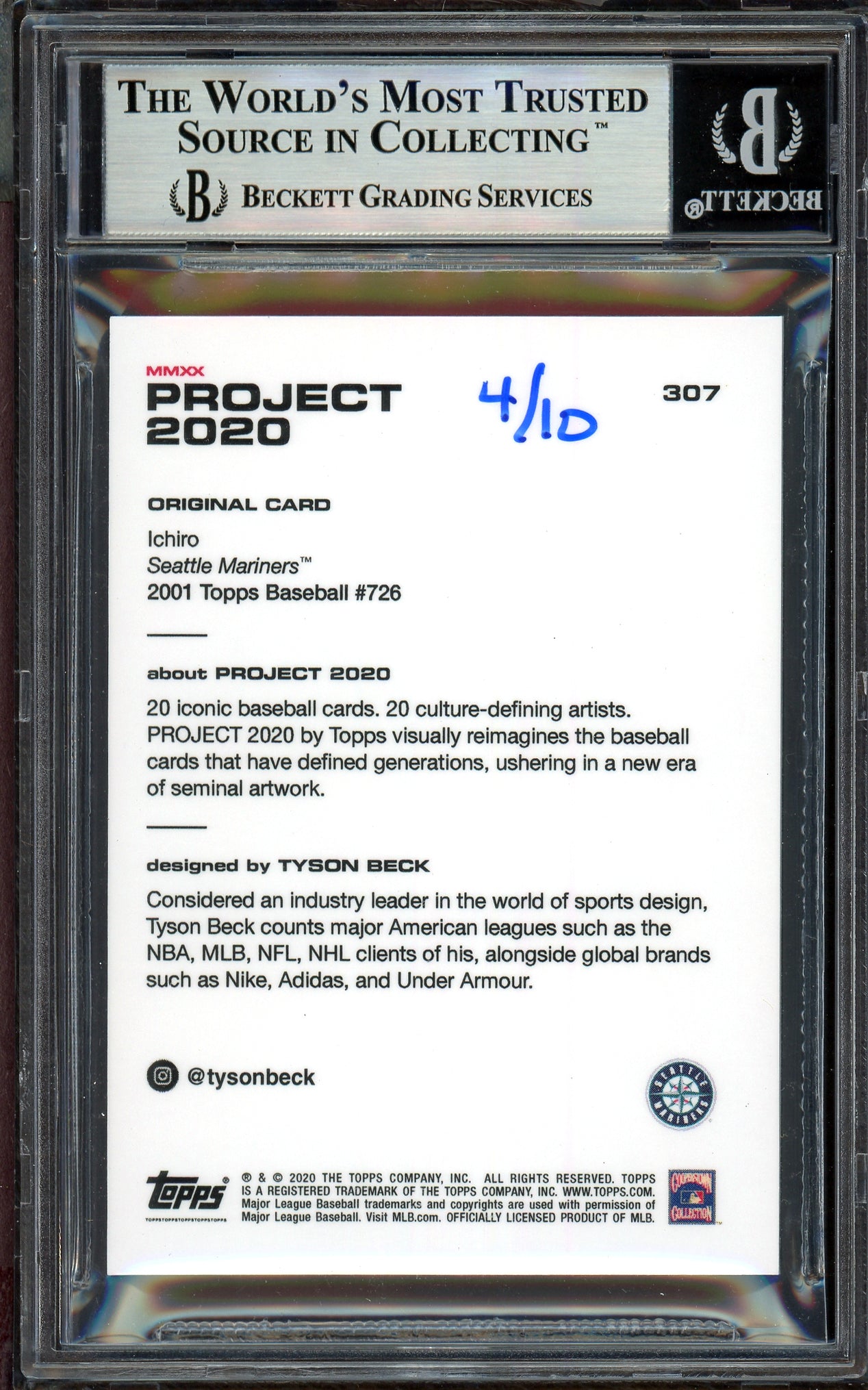 Ichiro Suzuki Autographed Topps Project 2020 Tyson Beck Card #307 Seattle Mariners Black #4/10 Beckett BAS #13714177