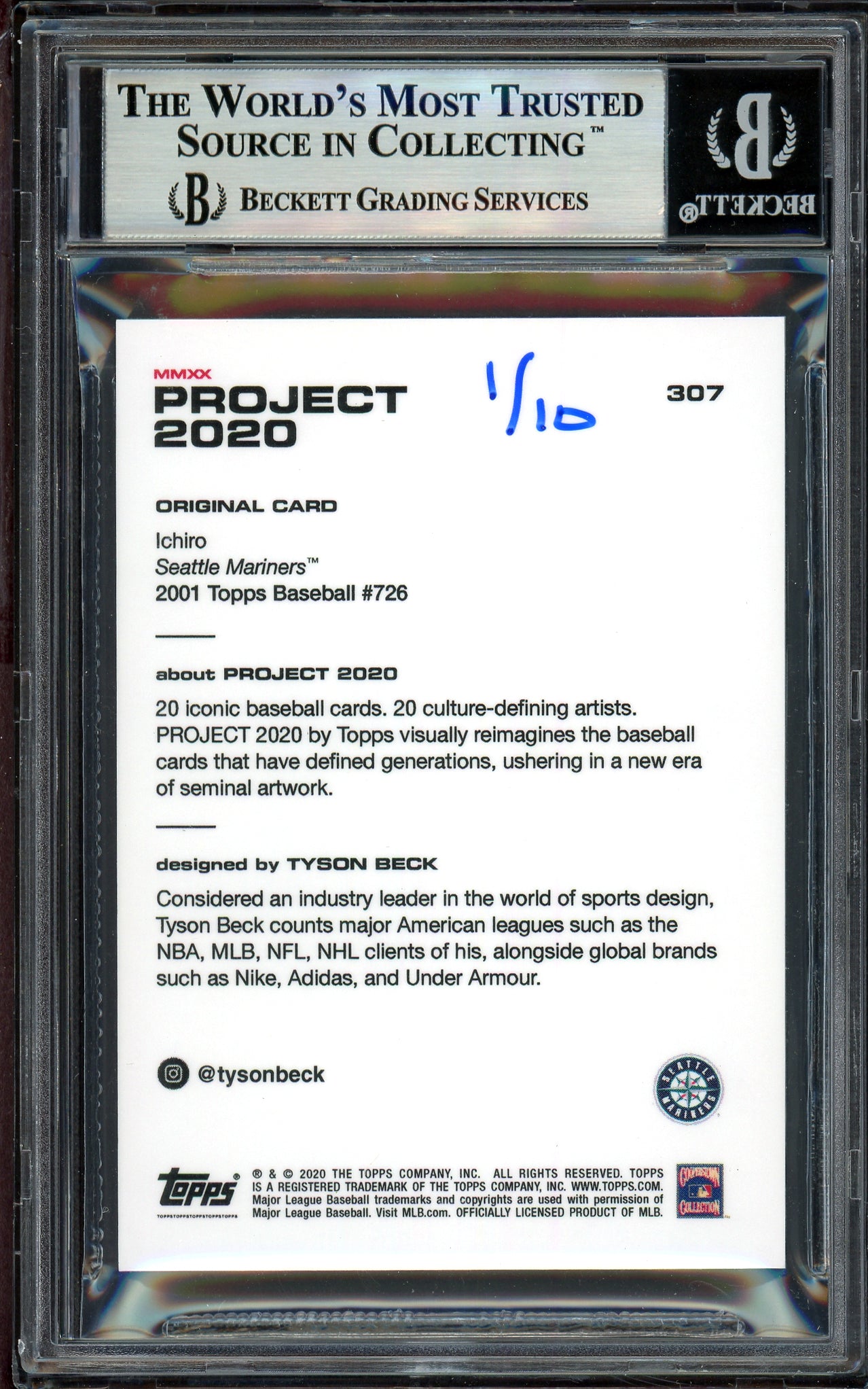 Ichiro Suzuki Autographed Topps Project 2020 Tyson Beck Card #307 Seattle Mariners Black #1/10 Beckett BAS #13714170