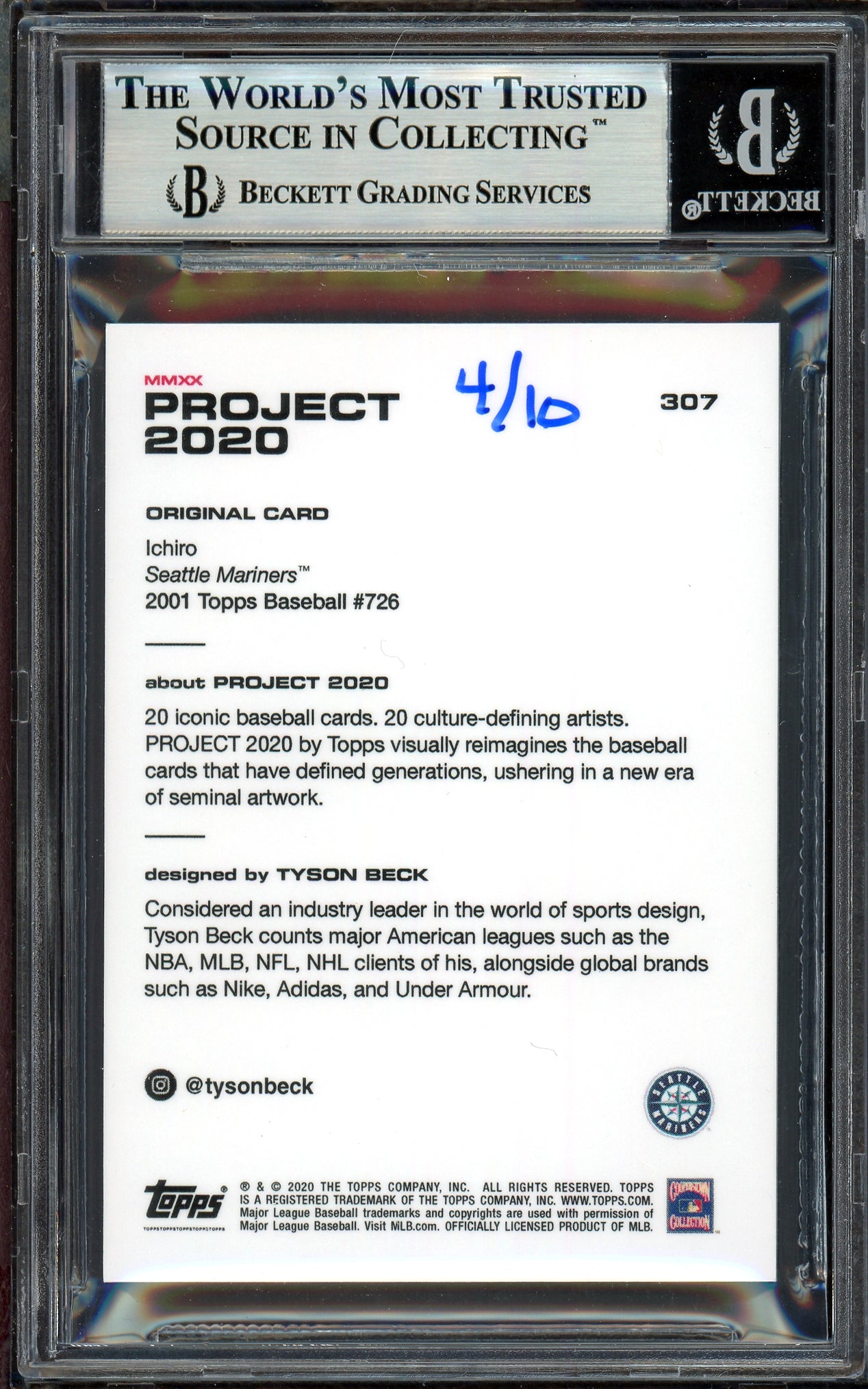 Ichiro Suzuki Autographed Topps Project 2020 Tyson Beck Card #307 Seattle Mariners Gold #/10 Beckett BAS Stock #201141