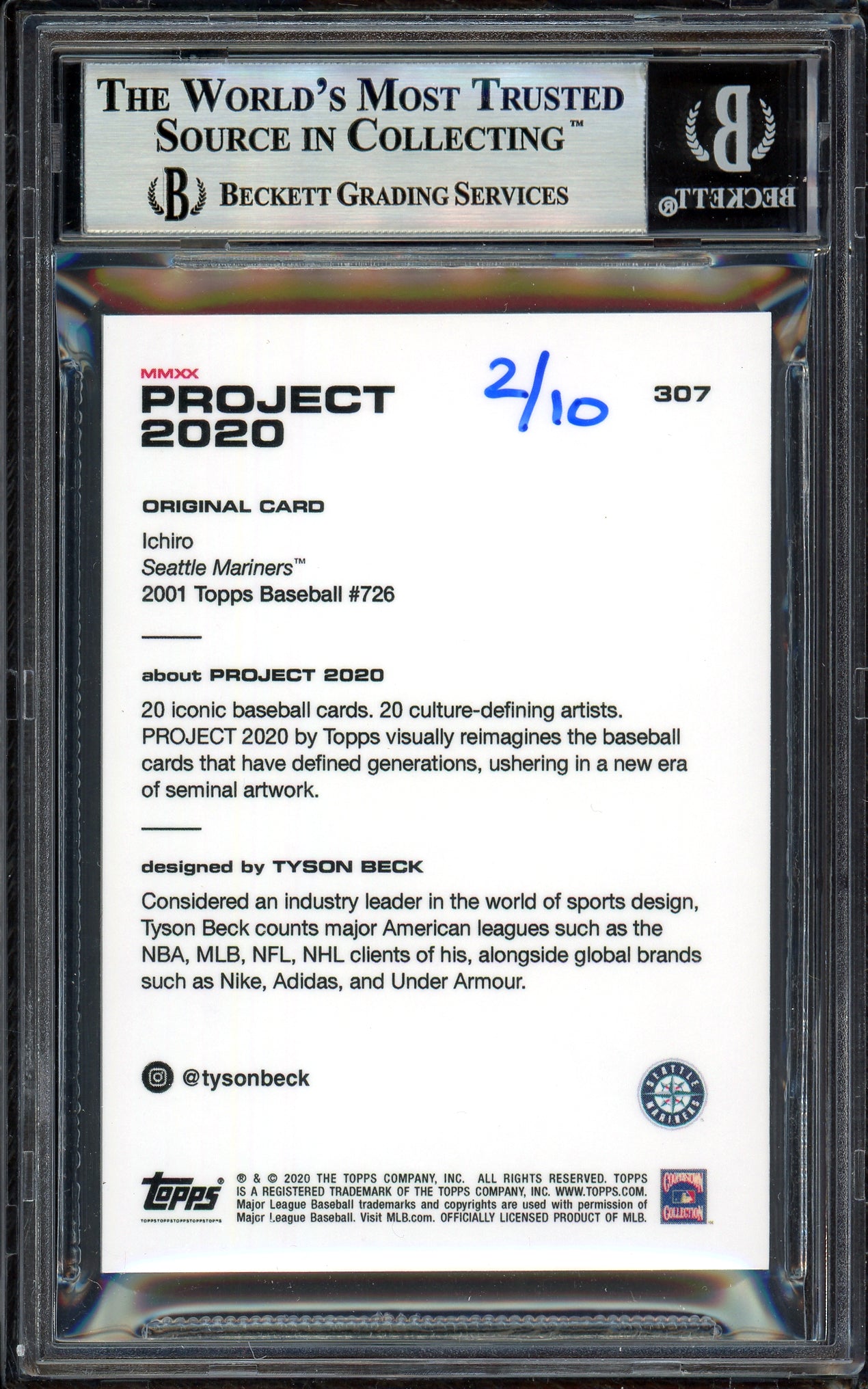 Ichiro Suzuki Autographed Topps Project 2020 Tyson Beck Card #307 Seattle Mariners Silver #/10 Beckett BAS Stock #201142
