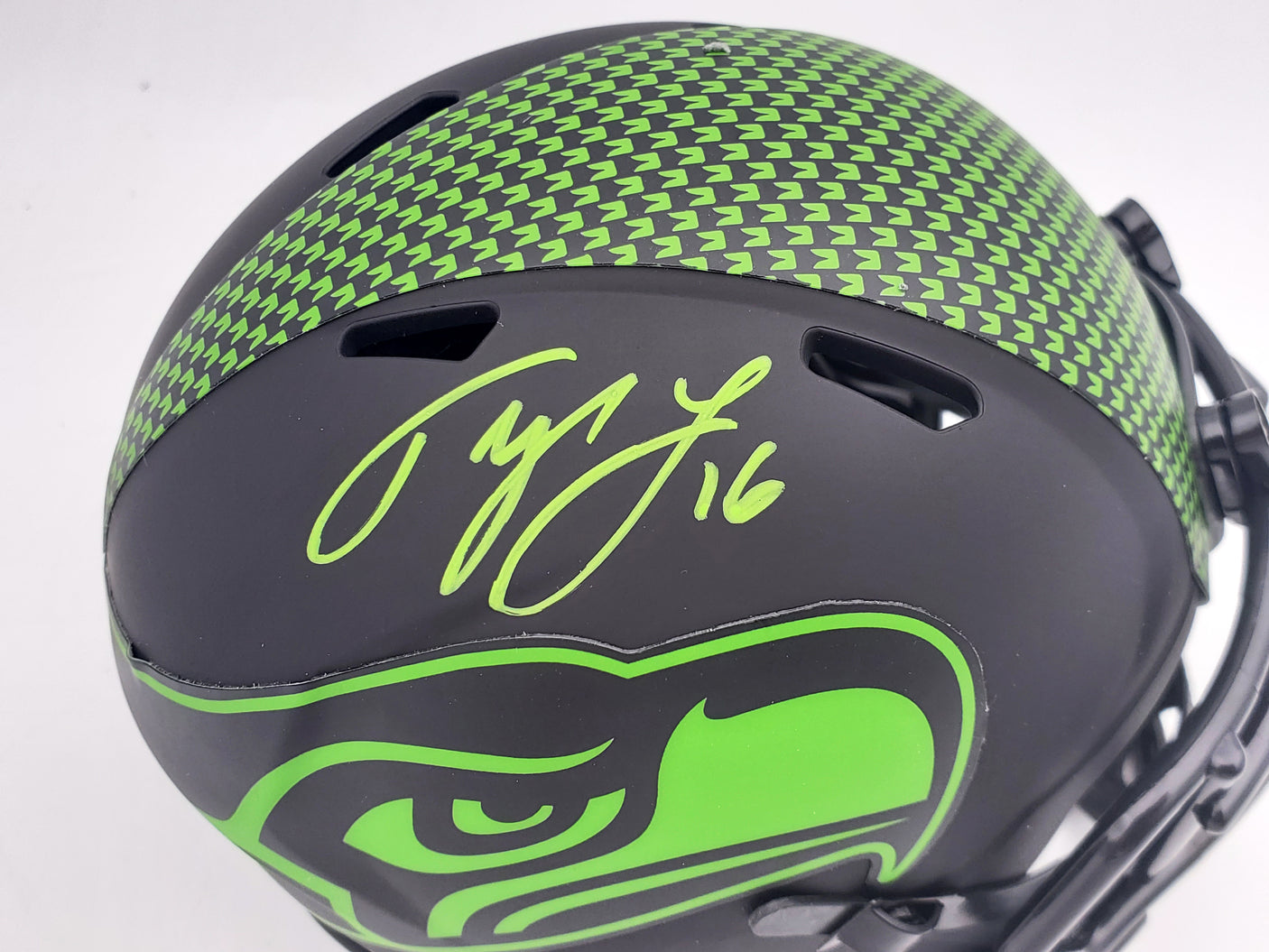 Tyler Lockett Autographed Seattle Seahawks Eclipse Black Speed Mini Helmet MCS Holo Stock #200481