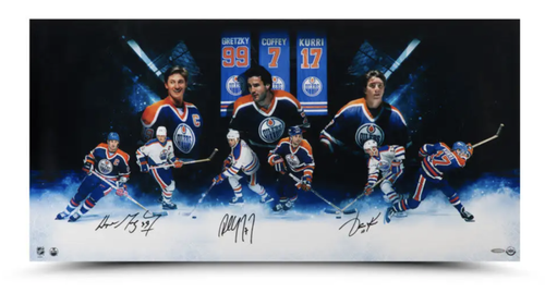 Wayne Gretzky, Coffey & Kurri Autographed "Oilers Greats" 36 x 18 Photo UDA LE