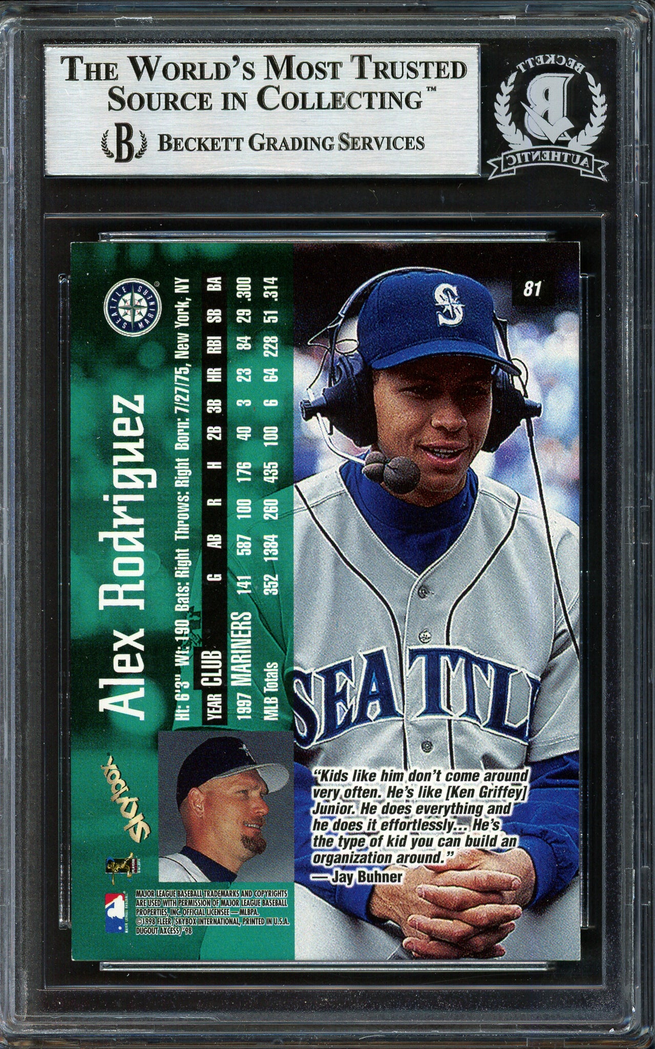 Alex Rodriguez Autographed 1998 Skybox Dugout Access Card #81 Seattle Mariners Beckett BAS #12410302