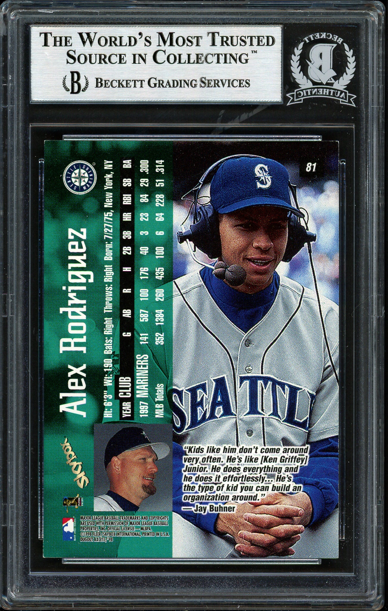 Alex Rodriguez Autographed 1998 Skybox Dugout Access Card #81 Seattle Mariners Beckett BAS #12410303