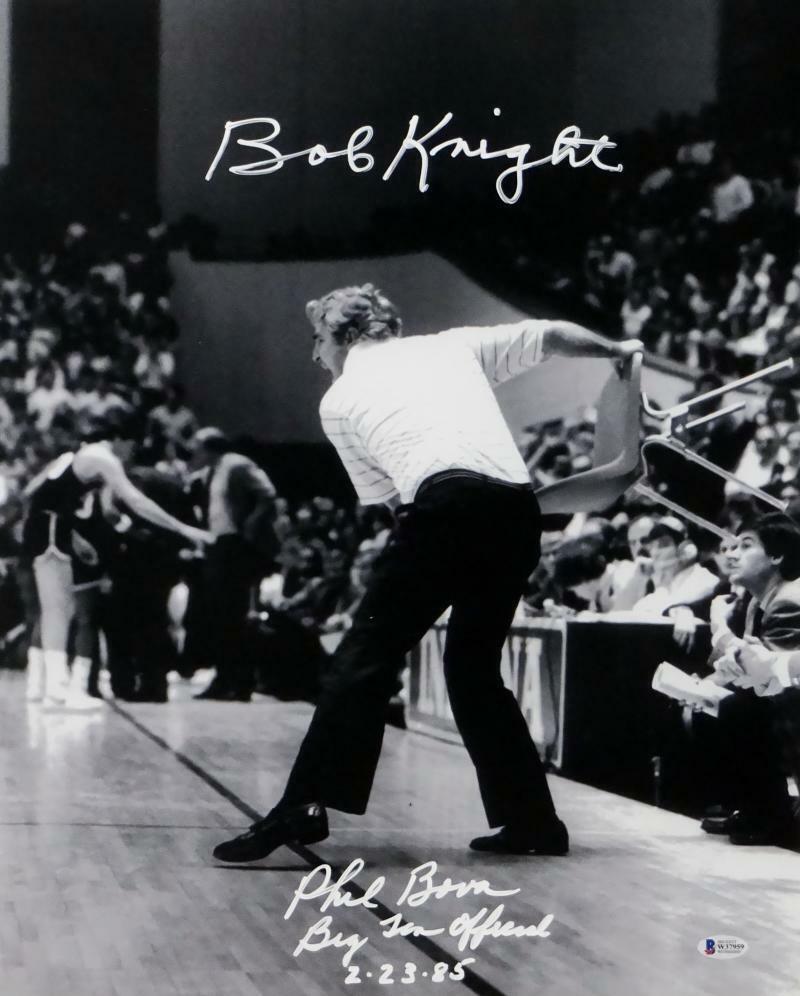 Bob Knight Phil Bova Signed 16x20 B&W Chair Photo w/Insc- Beckett Auth *White