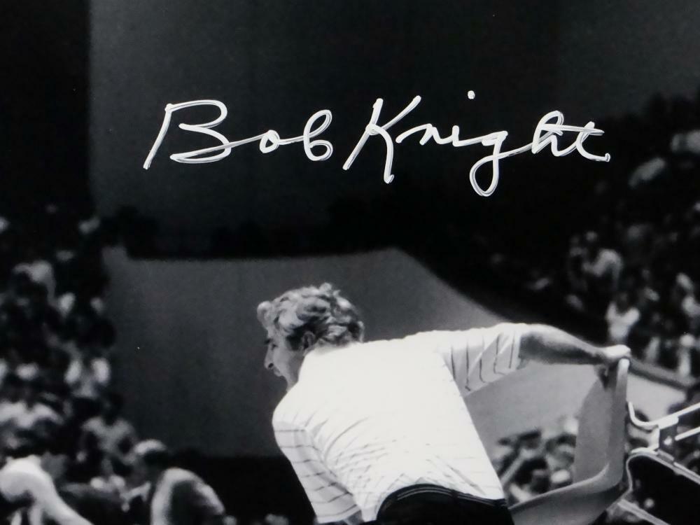 Bob Knight Phil Bova Signed 16x20 B&W Chair Photo w/Insc- Beckett Auth *White