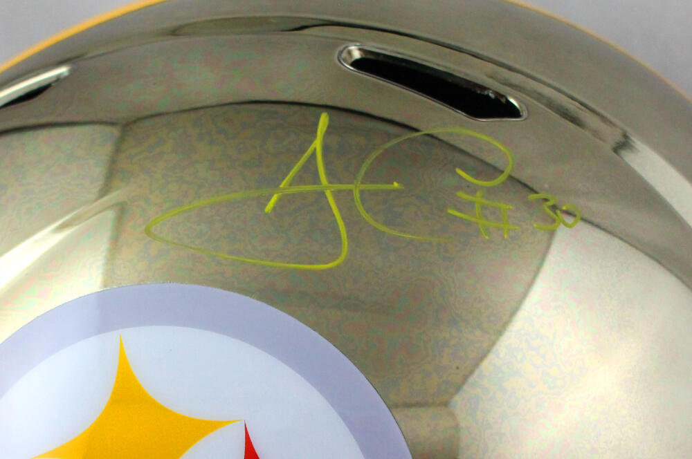 James Conner Autographed Pitt Steelers F/S Chrome Helmet- Beckett W Auth *Yellow