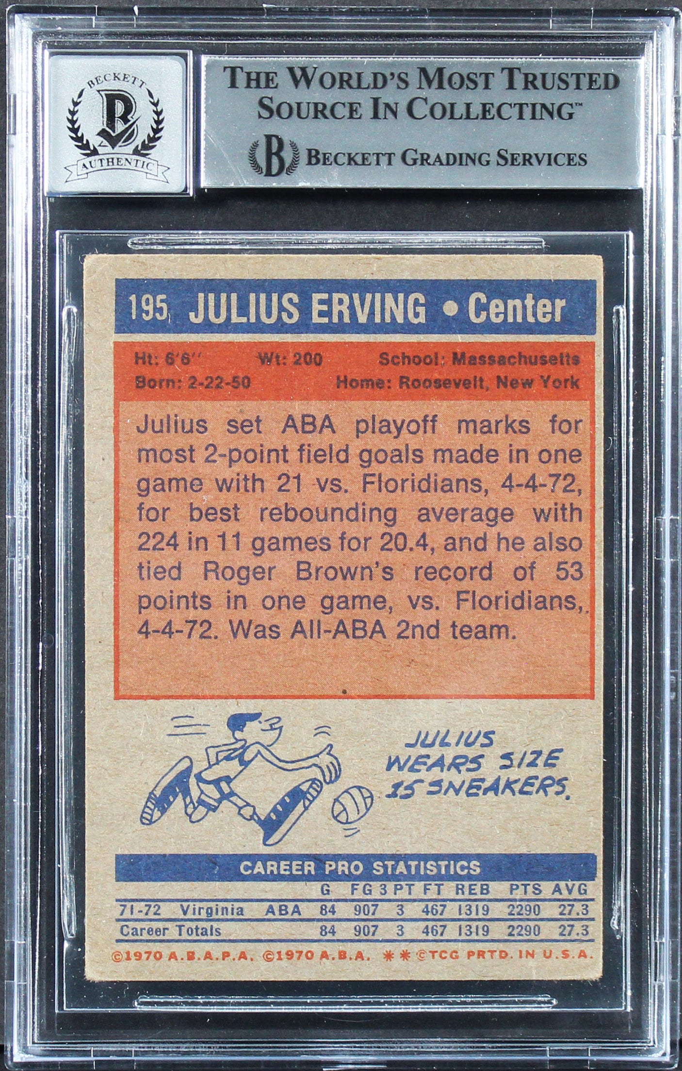 Julius Erving "HOF 93" Signed 1972 Topps #195 Rookie Card Auto 10 BAS Slab 2