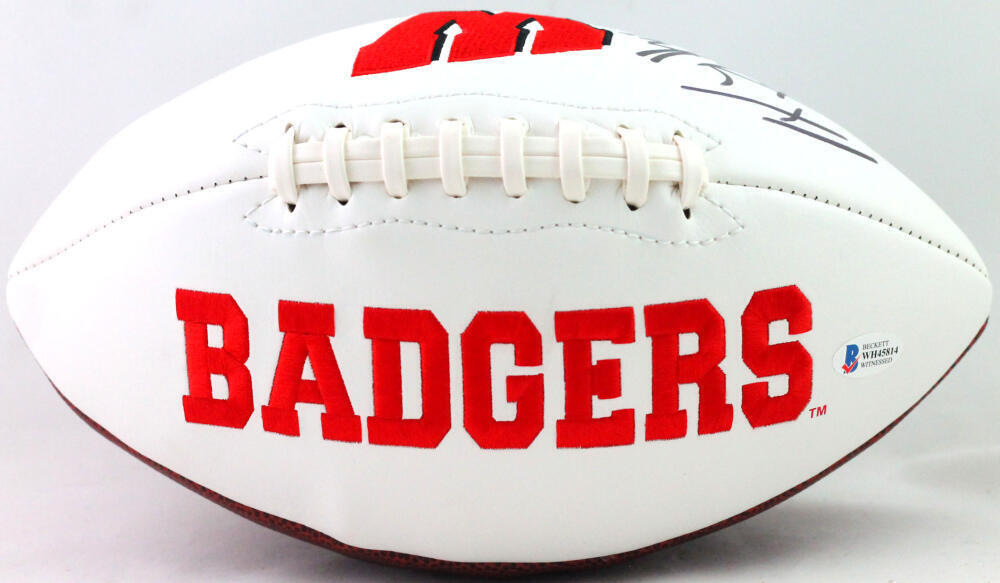T.J. Watt Autographed Wisconsin Badgers Logo Football- Beckett W *Black