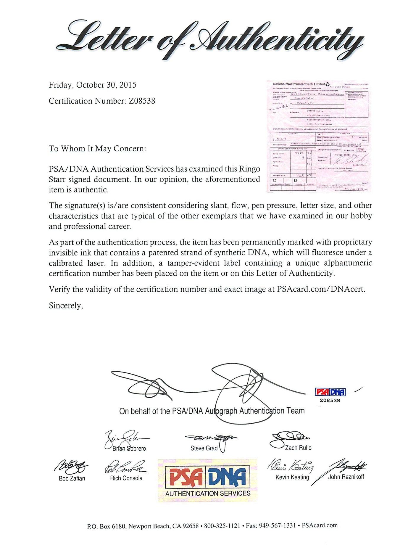 Ringo Starr (Signed "R. Starkey") Signed 8x8.5 1974 Bank Document PSA #Z08538