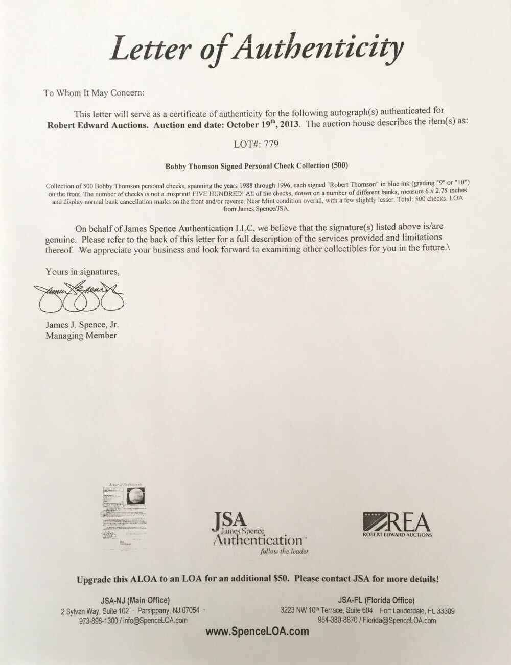 Bobby Thomson New York Giants Signed Checks 4931-4944 JSA