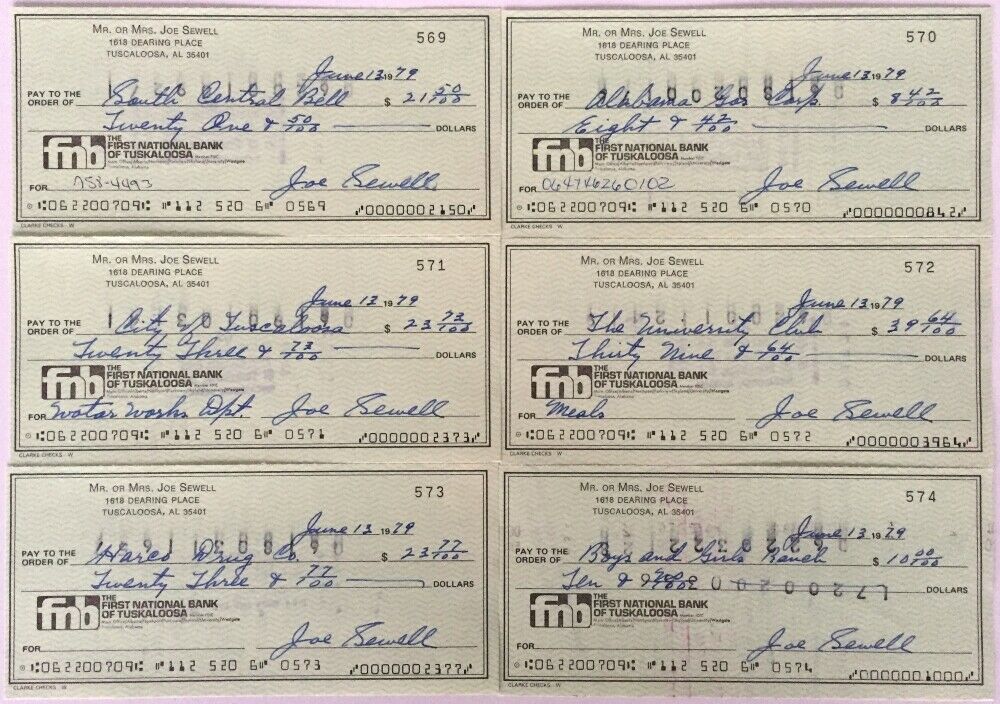 LOT of 6 Joe Sewell Cleveland Indians Signed Checks 569-574