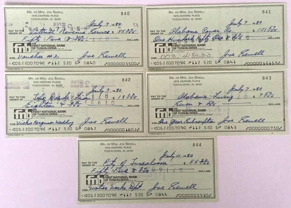(5) Joe Sewell Cleveland Indians Signed Checks 840-844