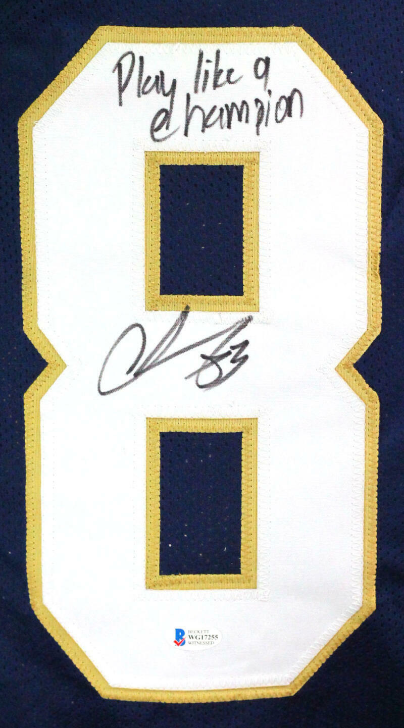 Chase Claypool Autographed Navy College Style Jersey w/ PLACT- Beckett W *Black