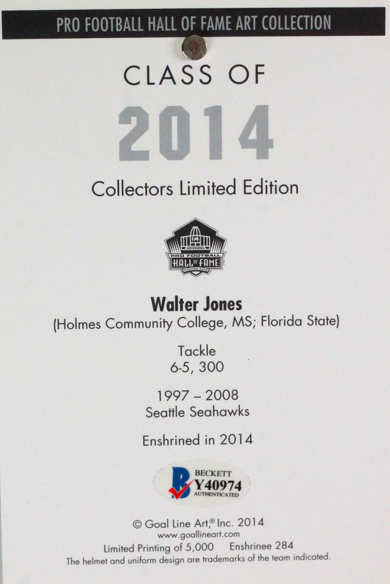 Walter Jones Signed Philadelphia Eagles Goal Line Art Card w/ HOF- Beckett *Blue