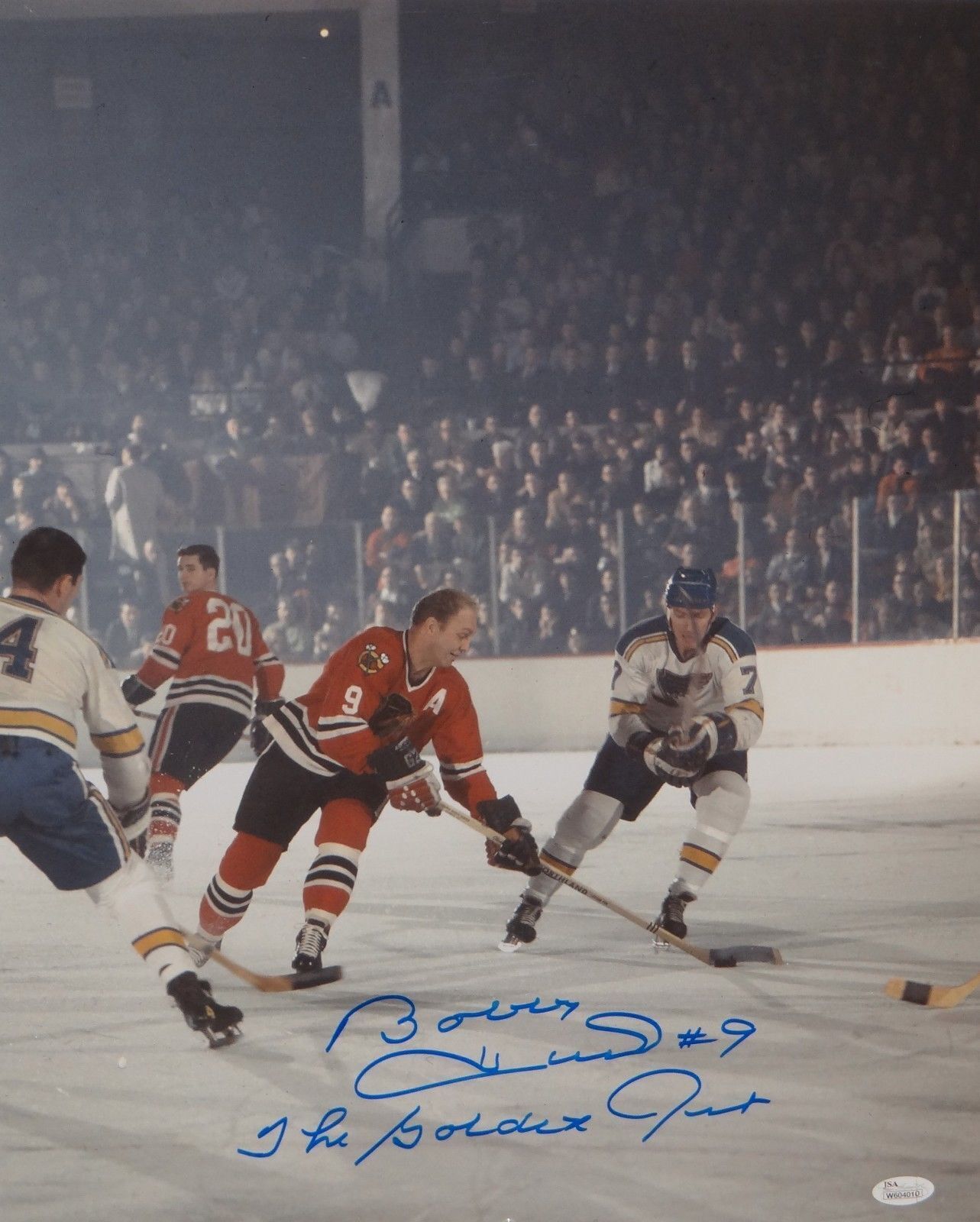 Bobby Hull Autographed 16x20 Photo Vs St Louis w/ The Golden Jet- JSA Auth