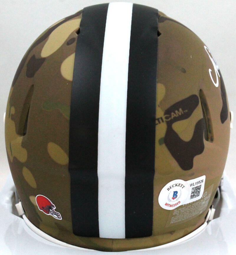 Nick Chubb Autographed Cleveland Browns Camo Speed Mini Helmet- Beckett *White