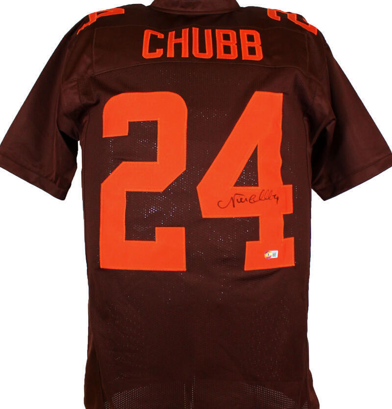 Nick Chubb Autographed Brown w/ Orange #'s Pro Style Jersey-Beckett W Hologram