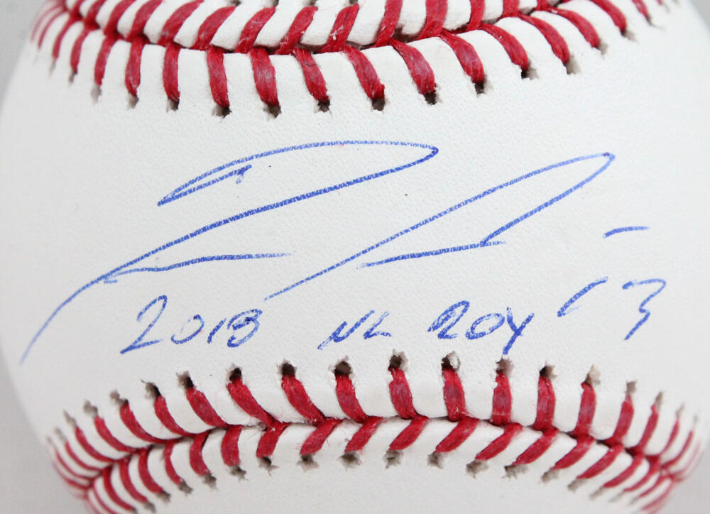 Ronald Acuna Autographed Rawlings OML Baseball w/ 2018 NL ROY/ # - Beckett W *Bl