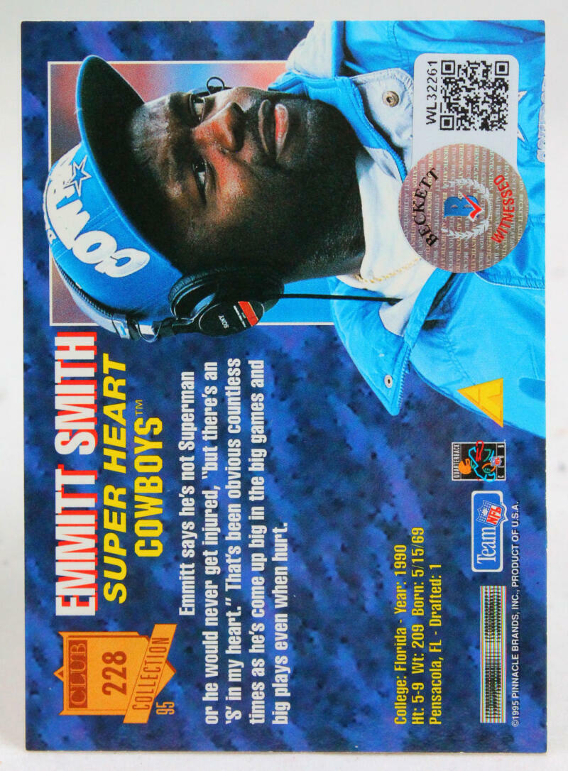 1995 Pinnacle Club Collection #228 Emmitt Smith Cowboys Auto Beckett Witness