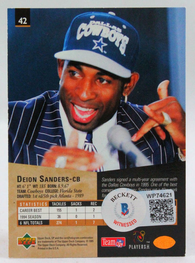 1995 SP Upper Deck #42 Deion Sanders Cowboys Autograph Beckett Witness