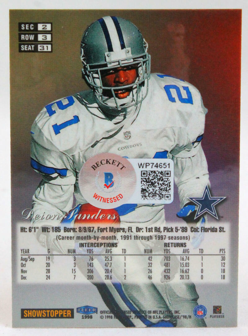 1998 Flair Showcase Row 3 #31 Deion Sanders Cowboys Auto Beckett Witness