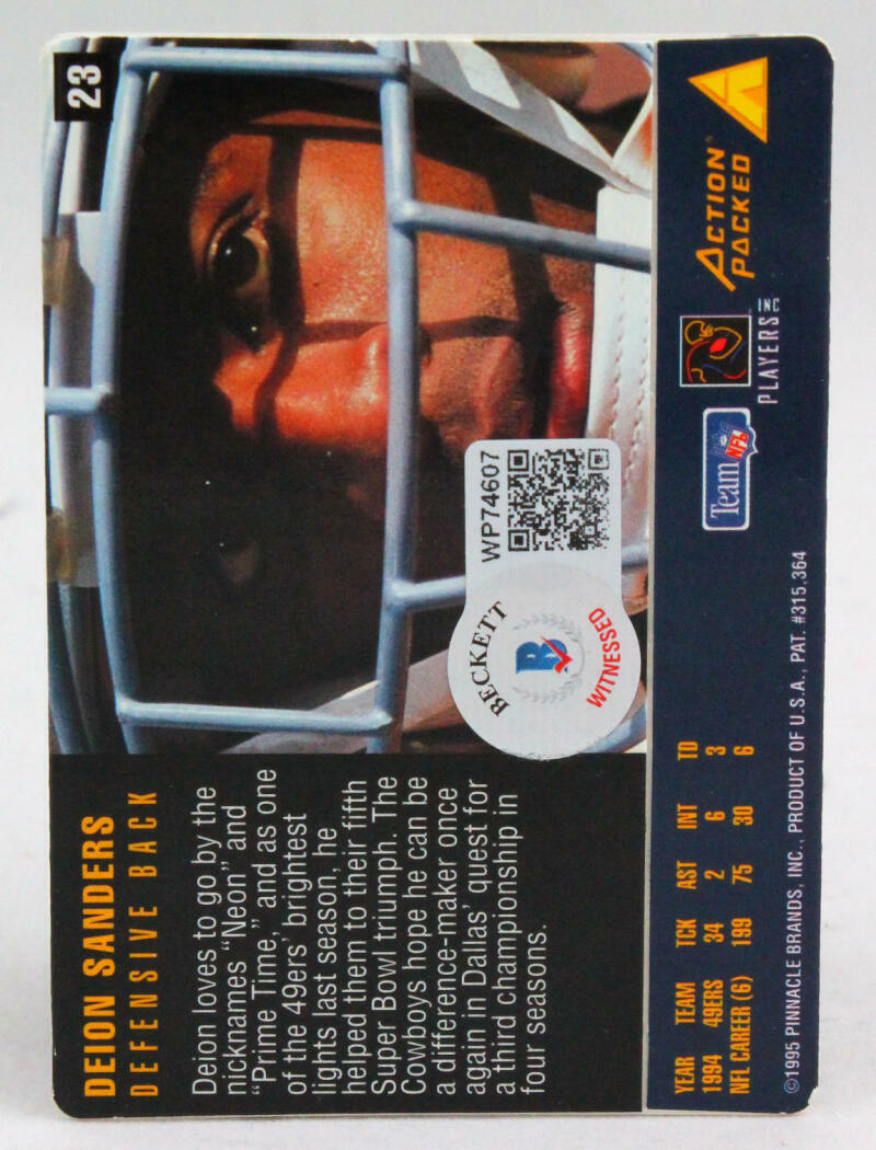 1995 Action Packed #23 Deion Sanders Cowboys Autograph Beckett Witness