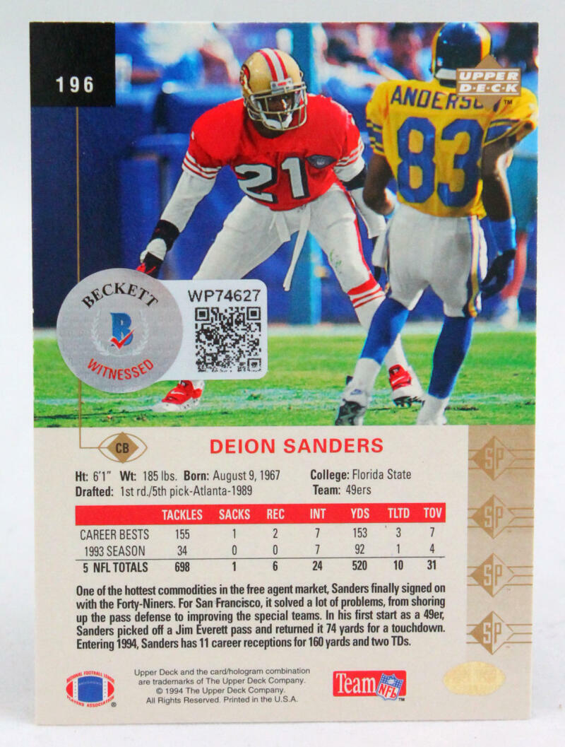 1994 SP #196 Deion Sanders Atlanta Falcons Autograph Beckett Witness