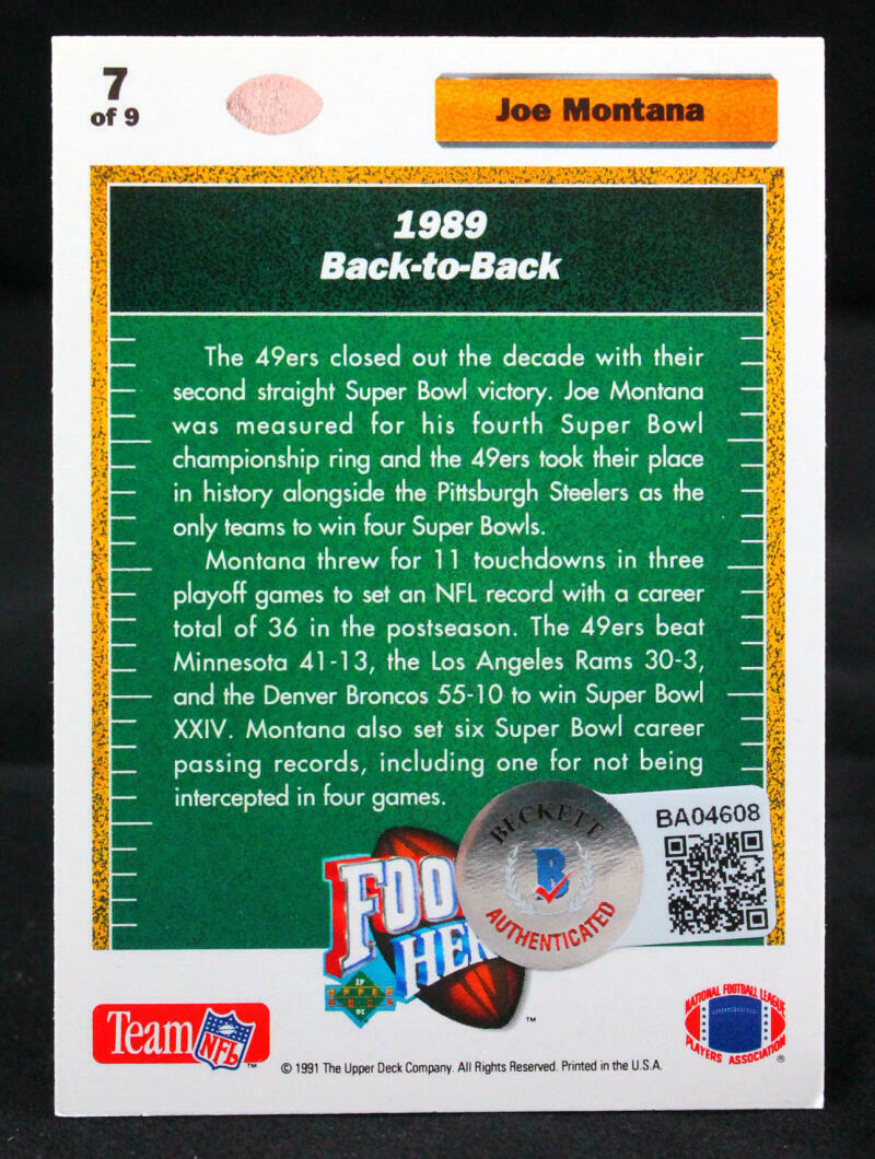 1991 Upper Deck Heroes #7 Joe Montana San Francisco 49ers Auto Beckett Witness