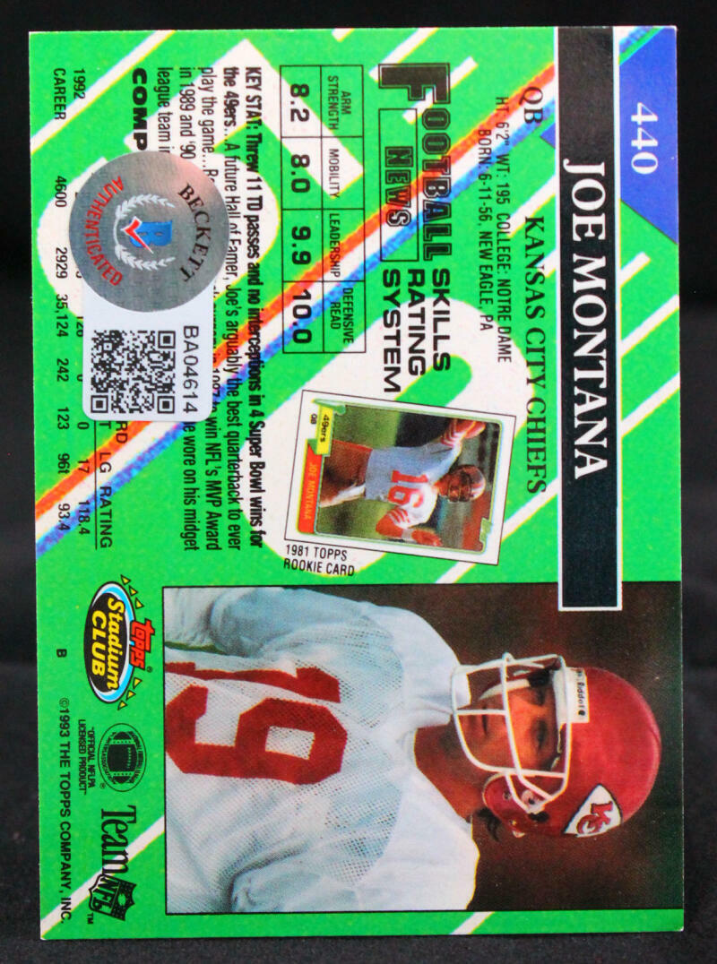 1992 Stadium Club #440 Joe Montana Kansas City Chiefs Auto Beckett Witness