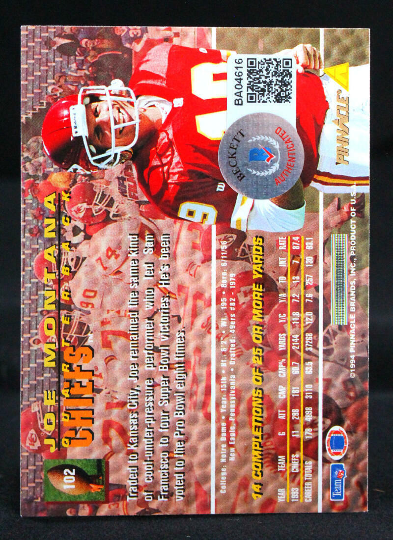 1994 Pinnacle #102 Joe Montana Kansas City Chiefs Auto Beckett Witness