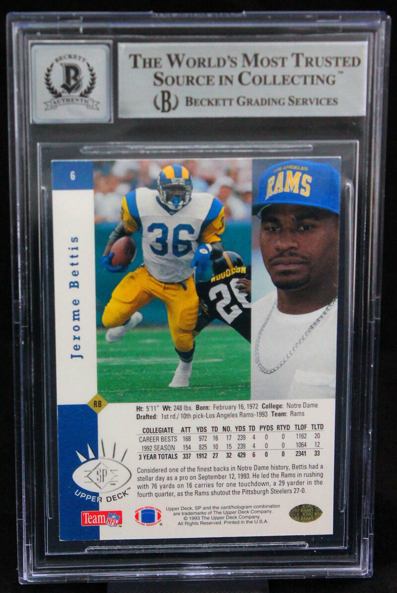 1993 SP #6 Jerome Bettis Los Angeles Rams BGS Autograph 10