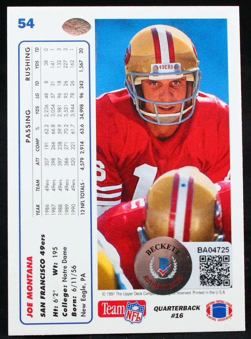1991 Upper Deck #54 Joe Montana 49ers Autograph Beckett Witness