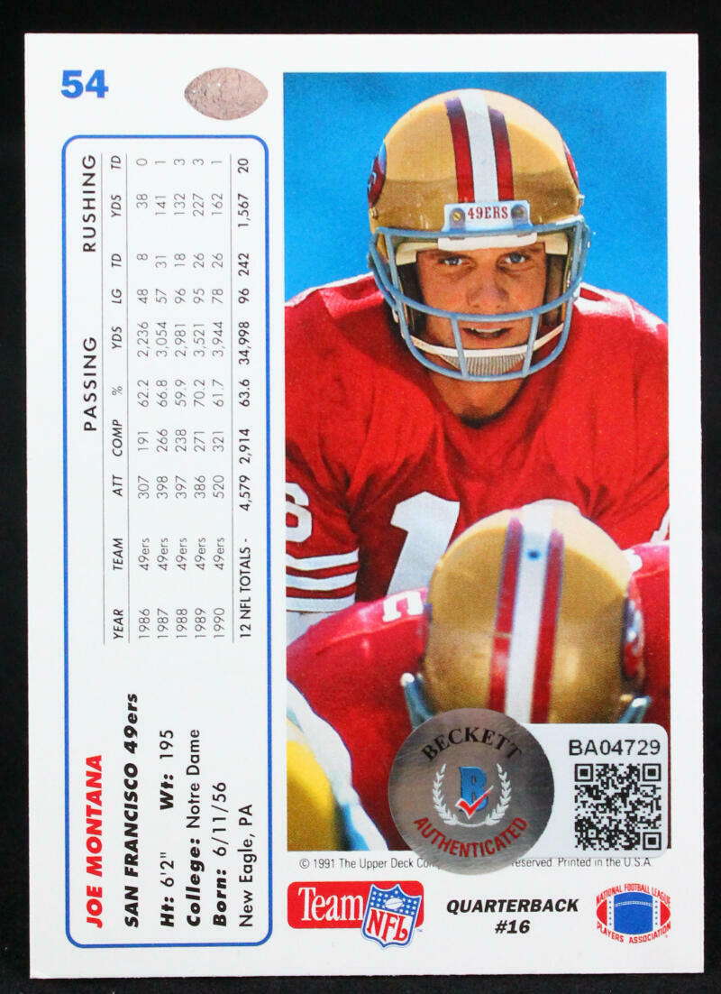 1991 Upper Deck #54 Joe Montana 49ers Autograph Beckett Witness