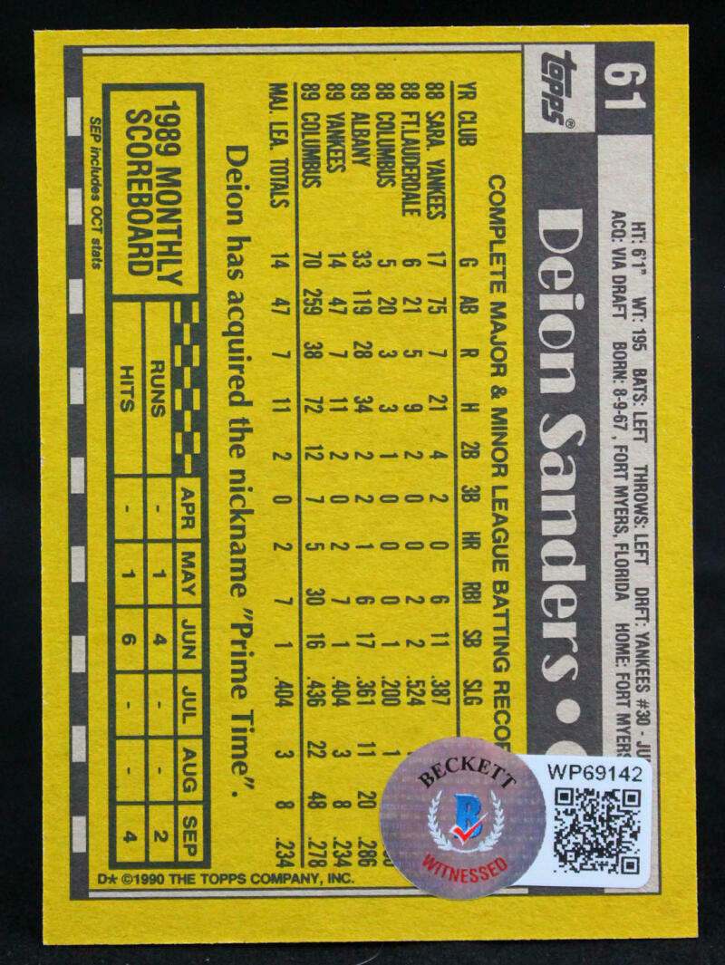 1990 Topps #61 Deion Sanders New York Yankees Autograph Beckett Witness