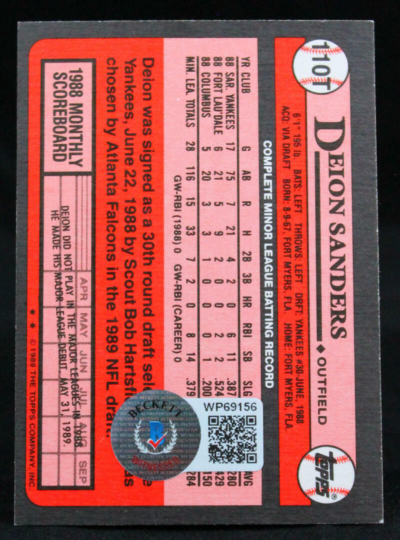 1989 Topps Traded #110T Deion Sanders RC New York Yankees Autograph Beckett Witness