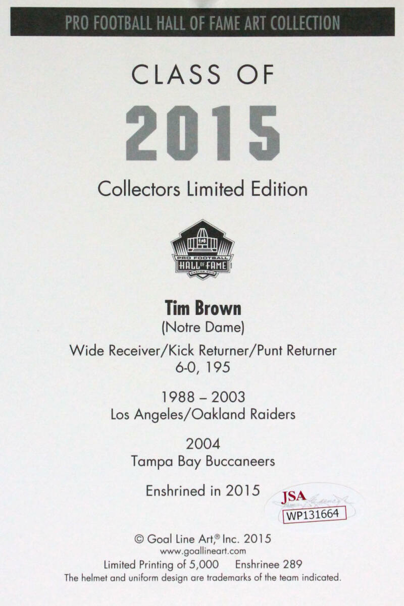 Tim Brown Autographed Oakland Raiders Goal Line Art Card- JSA Witnessed Auth