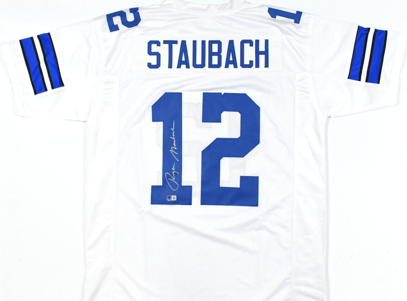 Roger Staubach Autographed White Pro Style Jersey- Beckett W Hologram *Silver