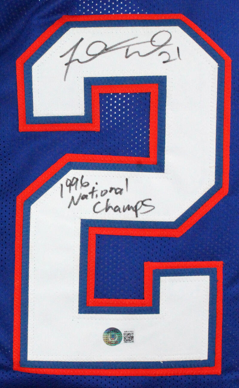 Fred Taylor Autographed Blue College Style Jersey w/ 96 Natl Champs-BAW Holo