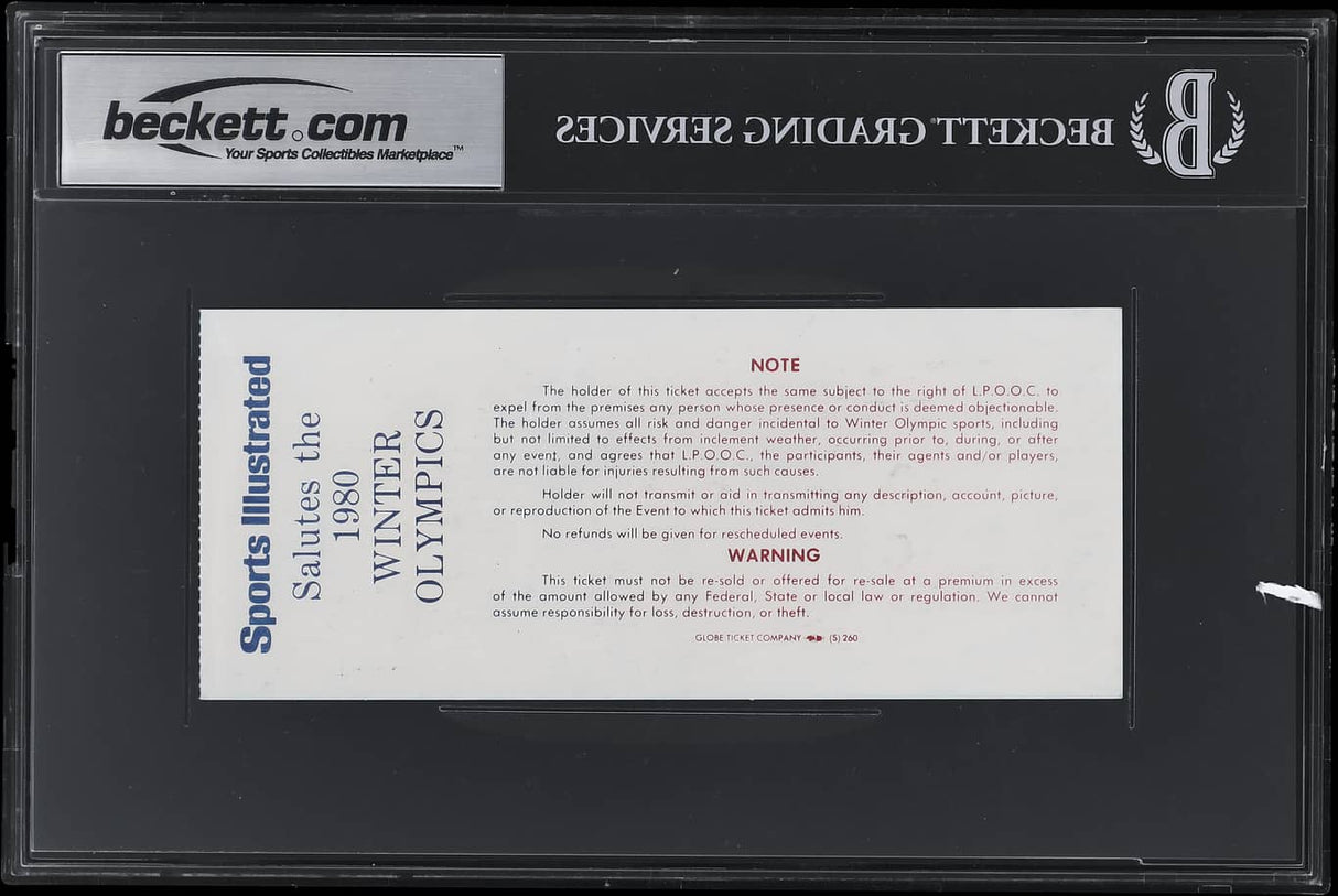 A 1980 USA Hockey (20) Signed Sweden Game Ticket from February 12, graded BAS Auto 10 and encased by Sports Integrity, featuring printed terms, warnings, and a central red NOTE section.