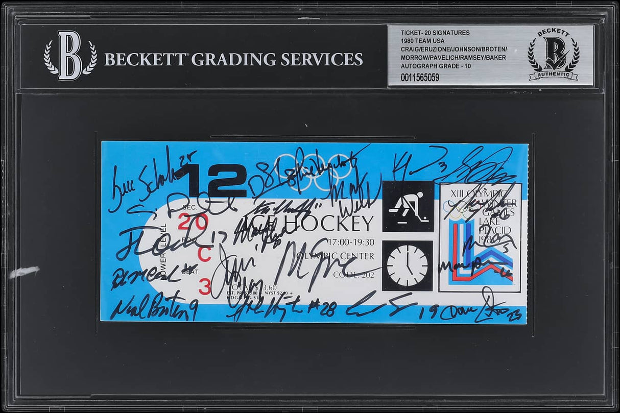 A Sports Integrity slab displays a 1980 USA Hockey Sweden game ticket (Feb 12) signed by 20, graded BAS Auto 10. The ticket features printed graphics, black ink signatures, the number 12, and event details.