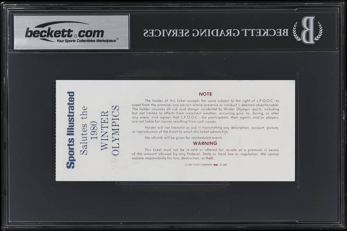 A graded collectible 1980 USA Hockey (20) Signed Czechoslovakia Game Ticket from Feb 14, encased in a Beckett holder by Sports Integrity, featuring printed notes, warnings, and legal disclaimers in blue and red text.