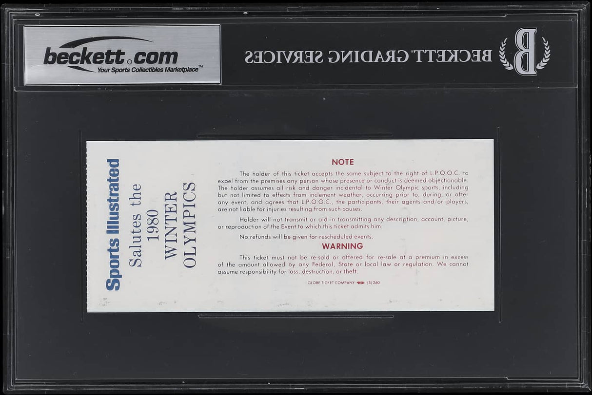 A 1980 USA Hockey (20) Signed Norway Game Ticket from February 16, graded BAS Auto 10, encased by Sports Integrity with a Beckett.com label at the top.