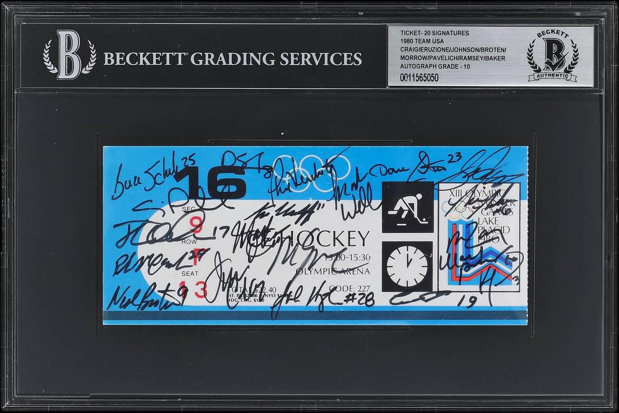 A Beckett-graded slab by Sports Integrity featuring a 1980 USA Hockey Norway Game ticket (Feb 16) with 20 signatures in black ink, event details, and a BAS Auto 10 label at the top.