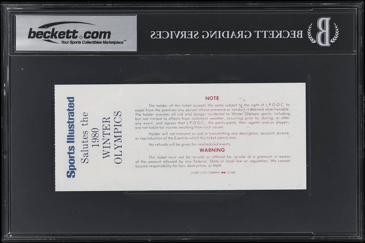 A graded, encapsulated 1980 USA Hockey (20) Signed Romania Game Ticket from Feb 18, authenticated by BAS Auto 10 and offered by Sports Integrity, with printed terms and warnings in red and black text.