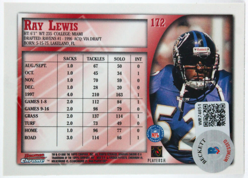 1998 Bowman Chrome #172 Ray Lewis Baltimore Ravens Autograph Beckett Witness
