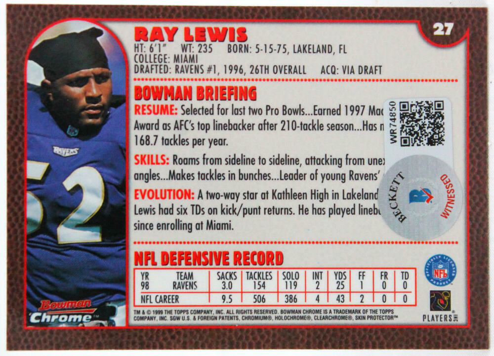 1999 Bowman Chrome #27 Ray Lewis Baltimore Ravens Autograph Beckett Witness