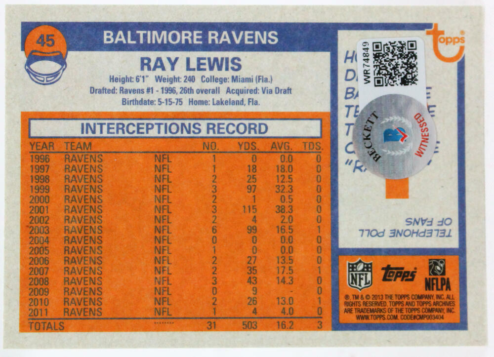 2013 Topps Archives #45 Ray Lewis Baltimore Ravens Autograph Beckett Witness