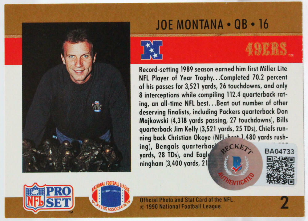 1990 Pro Set #2 Joe Montana 49ers Autograph Beckett Witness
